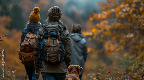 A family with their pets hiking through a forest during the autumn, capturing the vibrant colors of the foliage realistic photo, high resolution , Minimalism, © DARIKA