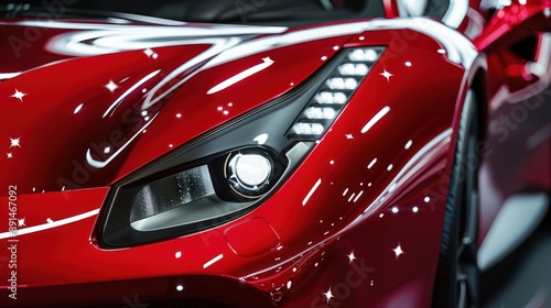 Headlights and hood of sport red car with silver stars. headlight of a super car of red color close-up. modern sports car details. car front light. Close-up view