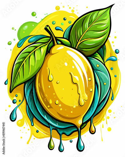 A lemon with detailed leaves appears at the center, surrounded by splashes of colorful liquid