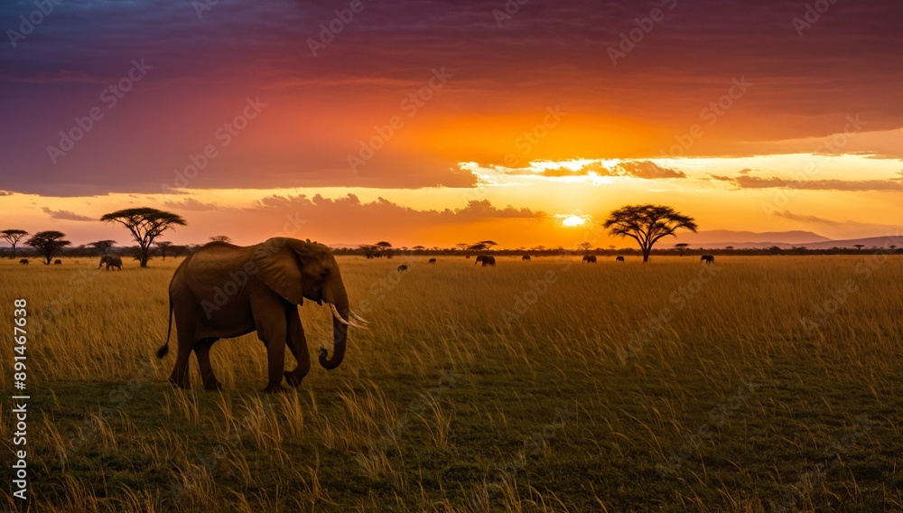 Fototapeta premium African Savannah Sunset with Elephants