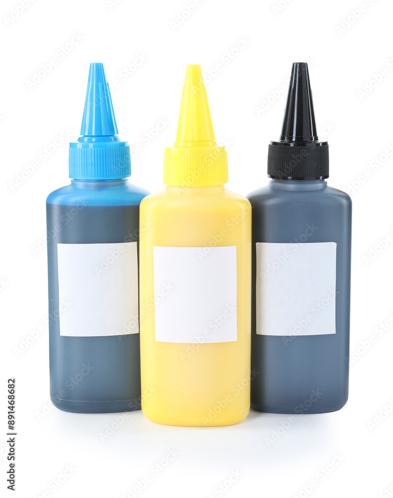 Bottles of different printer ink isolated on white Bottles of different printer ink isolated on white