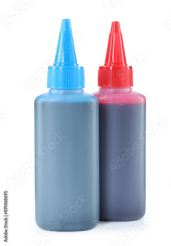 Bottles of different printer ink isolated on white © New Africa