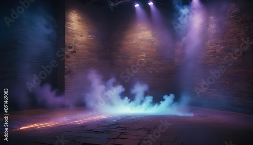 Wallpaper Mural brick wall texture pattern blue and purple background an empty dark scene laser beams neon spotlights reflection on the floor and a studio room with smoke floating up for display Torontodigital.ca