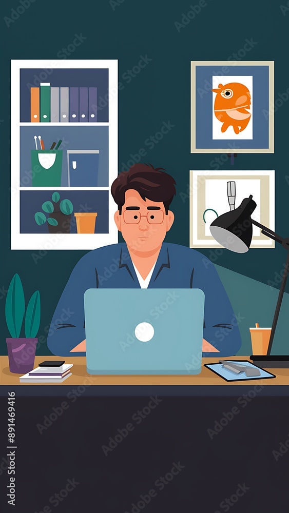 A freelancer man works behind a laptop. Home office workplace illustration vector concept A freelancer man works behind a laptop. Home office workplace illustration vector concept