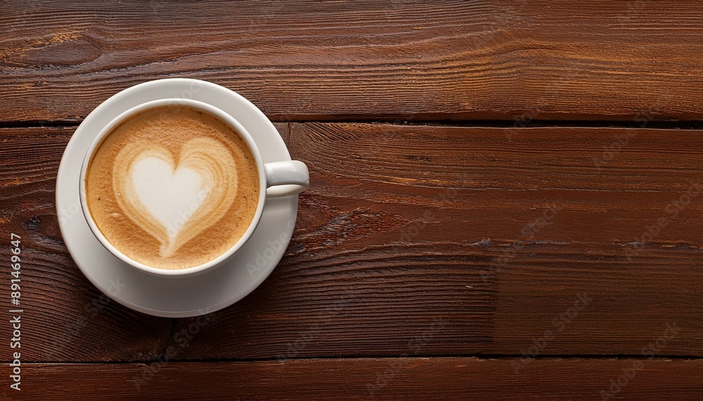 Heart-shaped latte art in a white cup on a dark brown, distressed wooden table, with clear b Heart-shaped latte art in a white cup on a dark brown, distressed wooden table, with clear b