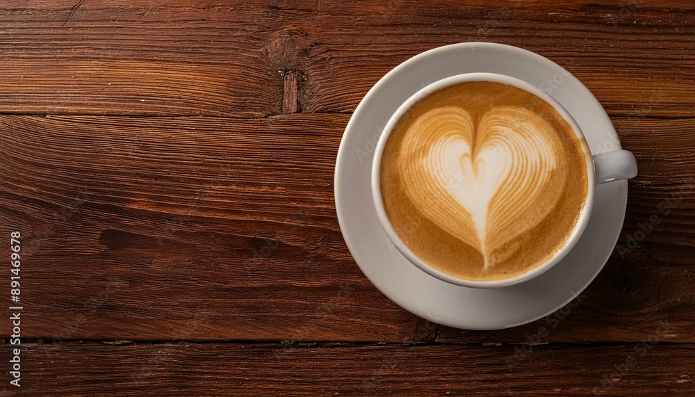 y Heart-shaped latte art in a white cup on a dark brown, distressed wooden table, with clear b y Heart-shaped latte art in a white cup on a dark brown, distressed wooden table, with clear b