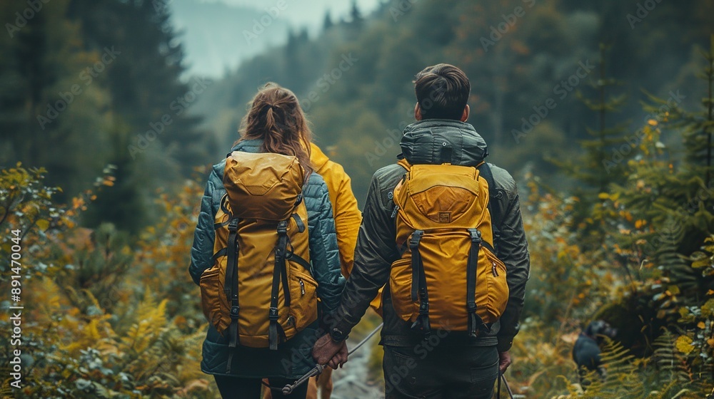 A couple with their dog climbing a forest trail, capturing the stunning views from the mountain peak realistic photo, high resolution , Minimalism, A couple with their dog climbing a forest trail, capturing the stunning views from the mountain peak realistic photo, high resolution , Minimalism,