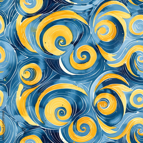 Abstract graphic yellow-blue pattern of hand-drawn waves and swirls. Seamless pattern for textile, paper, cover