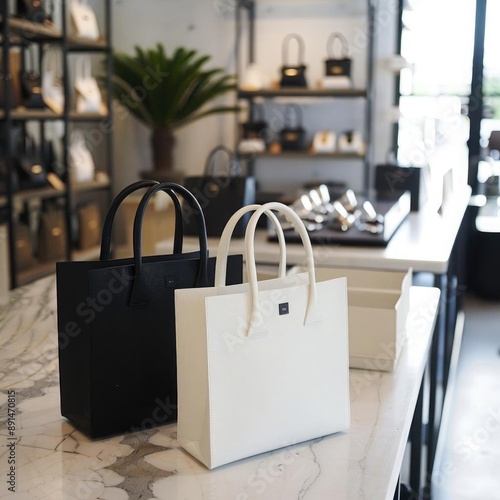 Chic tote bags with minimalist designs, featuring subtle branding, and displayed in a high-end fashion boutique