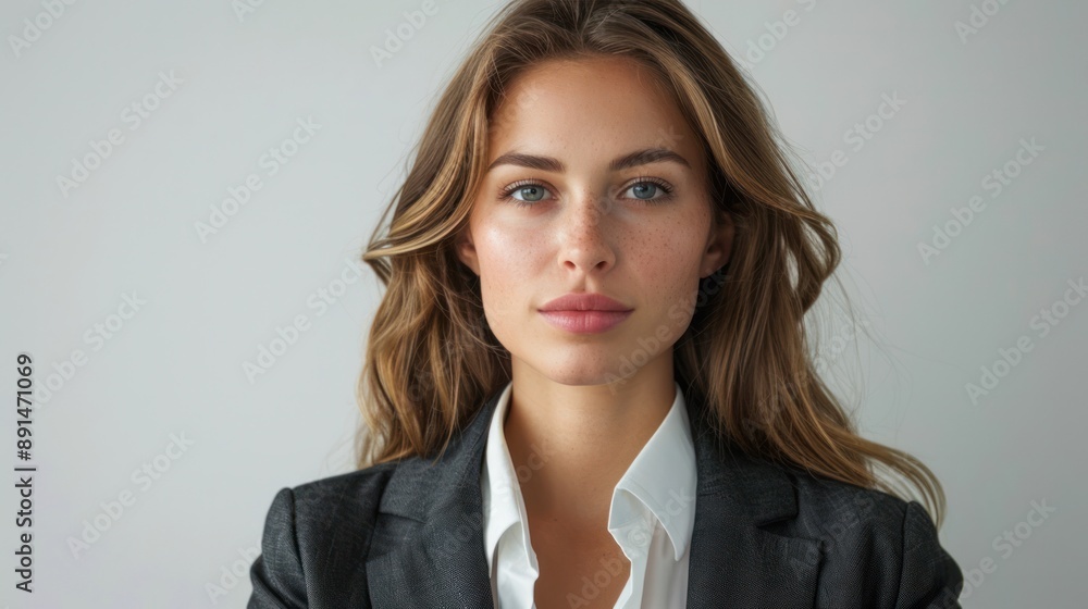 A woman in a sleek blazer, looking confident and ready for business against a white background A woman in a sleek blazer, looking confident and ready for business against a white background