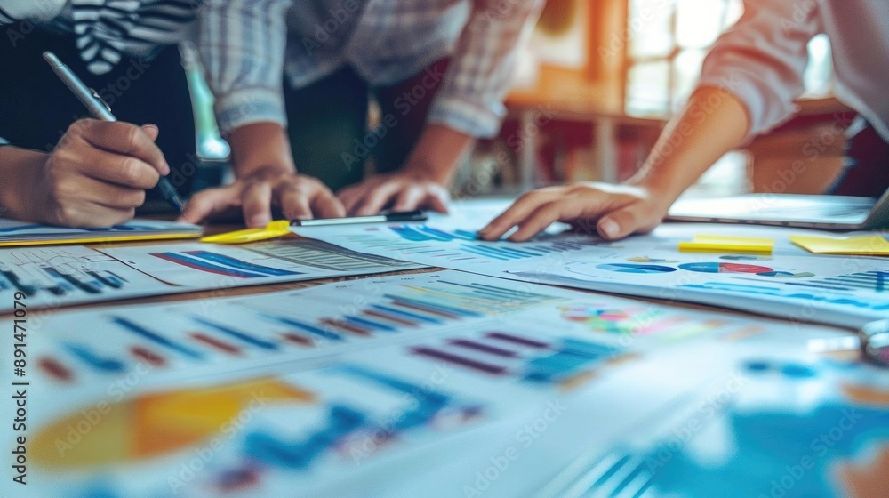 Fototapeta premium Business people collaborating over a project, detailed analysis documents on table, modern office setting, dynamic and focused atmosphere