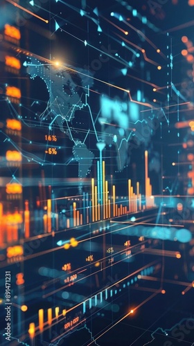 Business analysis screen with 3D financial graphs, big data and economic growth, virtual fintech dashboard, digital marketing, global economy