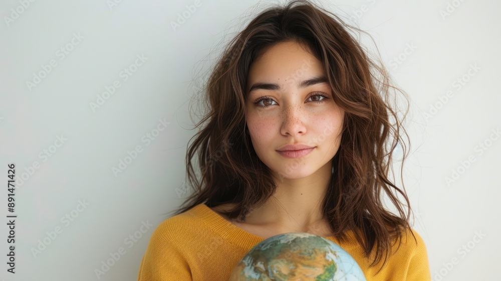 A woman holding a globe, standing against a white background, representing travel and global awareness A woman holding a globe, standing against a white background, representing travel and global awareness