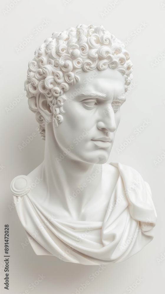 A white statue of a man with curly hair A white statue of a man with curly hair