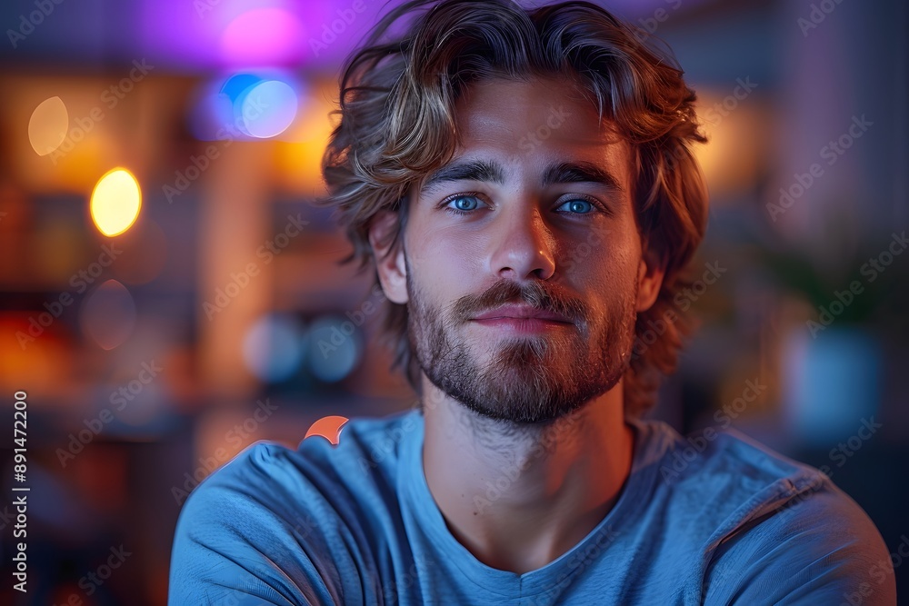 Portrait of a Handsome Young Man in Casual Attire with Colorful Bokeh Background - Ideal for Lifestyle, Fashion, and Branding Use Portrait of a Handsome Young Man in Casual Attire with Colorful Bokeh Background - Ideal for Lifestyle, Fashion, and Branding Use