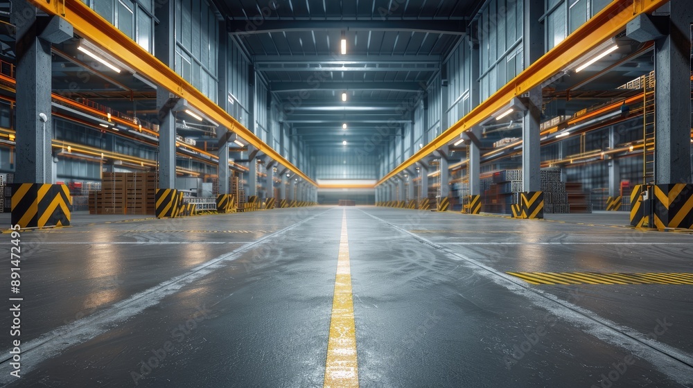 A large empty warehouse with yellow and black striped posts. The warehouse is empty and has a very industrial feel A large empty warehouse with yellow and black striped posts. The warehouse is empty and has a very industrial feel