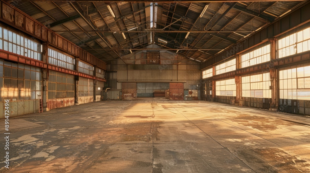 A large, empty warehouse with a lot of windows. Scene is one of emptiness and loneliness A large, empty warehouse with a lot of windows. Scene is one of emptiness and loneliness