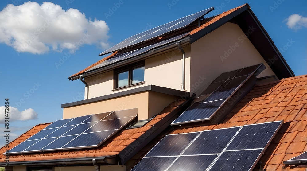 Fototapeta premium Image of the roof of a house with solar panels installed. The roof of the house, the house has a dark color and around the house there are trees which give a natural and green impression. The chimney 
