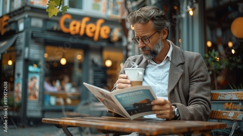 Fototapeta Naklejka Na Ścianę i Meble -  Businessman sitting at an outdoor cafÃ© table, sipping coffee and reading a business magazine, with city life buzzing around him realistic photo, high resolution , Minimalism,