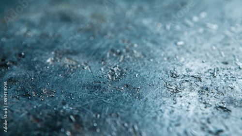 This image presents a weathered and scratched blue surface with small particles, creating an intricate and intriguing visual that highlights natural wear and tear over time.