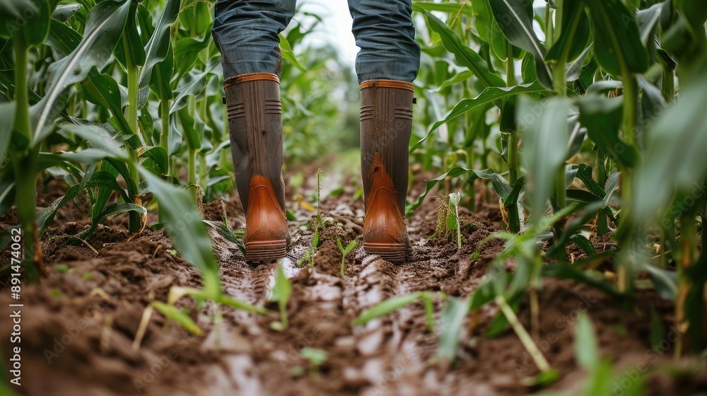 A person wearing boots is walking through a field of corn