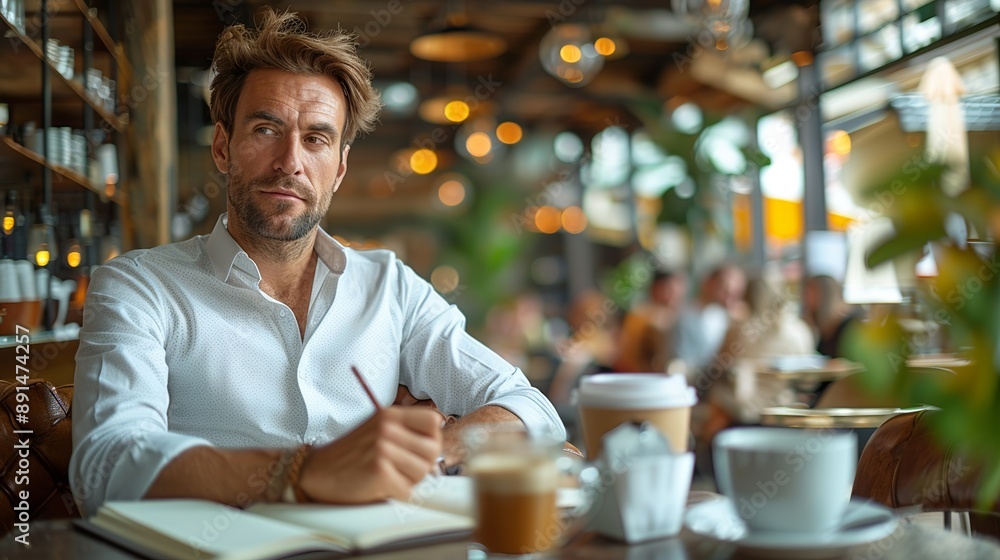 Businessman sitting in a modern café, jotting down ideas in a notebook and sipping an espresso, immersed in his work realistic photo, high resolution , Minimalism, Businessman sitting in a modern café, jotting down ideas in a notebook and sipping an espresso, immersed in his work realistic photo, high resolution , Minimalism,