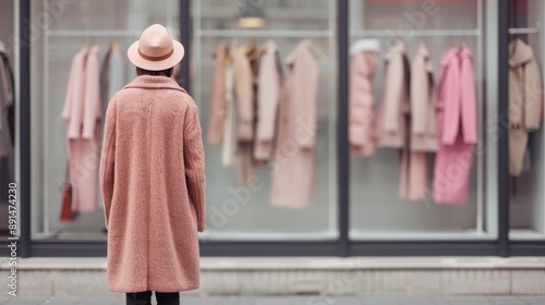 A person with a hat is seen from the back, standing in front of a store window showcasing various pink and beige coats, indicating a winter fashion store display. photo