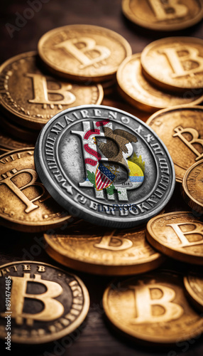 Multiple Bitcoin coins with a prominent one overlaid with the Illinois flag, highlighting involvement in the cryptocurrency market.