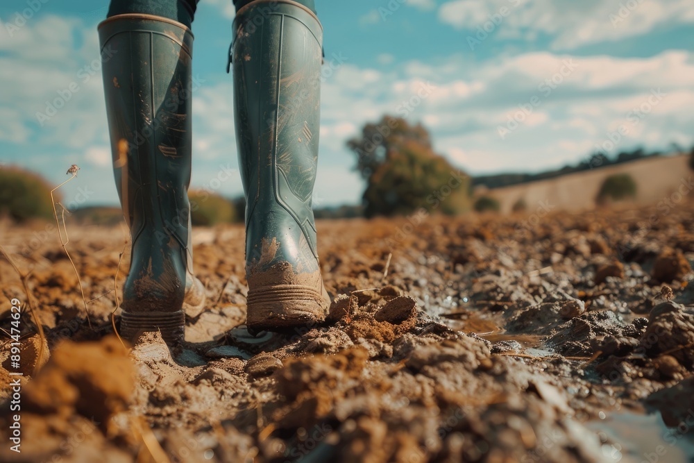 A pair of boots are seen in a muddy field. The boots are dirty and wet, and the mud is all over the ground. The scene has a somewhat somber and melancholic mood, as the boots A pair of boots are seen in a muddy field. The boots are dirty and wet, and the mud is all over the ground. The scene has a somewhat somber and melancholic mood, as the boots