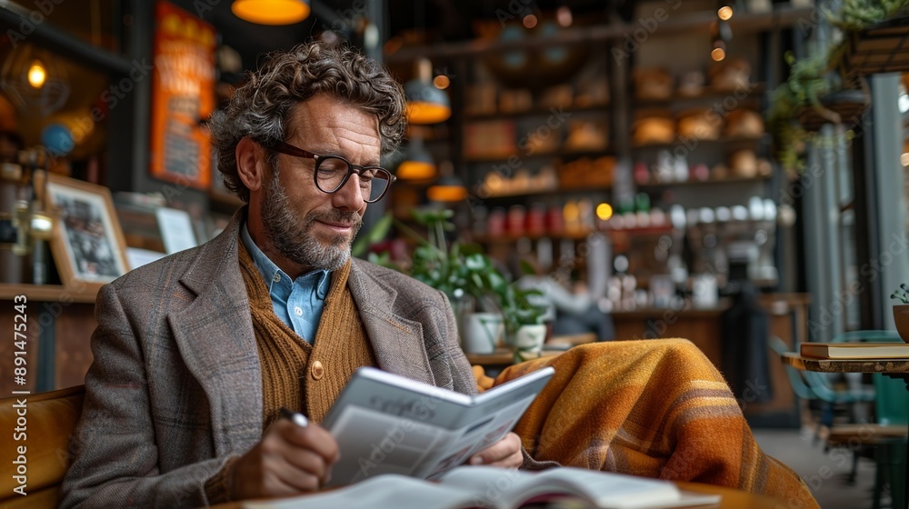 Fototapeta premium Businessman sitting in a trendy coffee shop, reading the latest business news on his tablet, with the café's vibrant atmosphere providing the perfect work setting realistic photo, high resolution ,