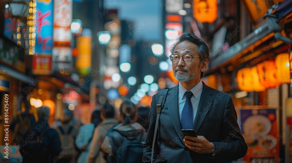 Naklejka premium Businessman walking through a bustling city street, phone in hand and deep in conversation, blending seamlessly into the vibrant urban environment realistic photo, high resolution , Minimalism,