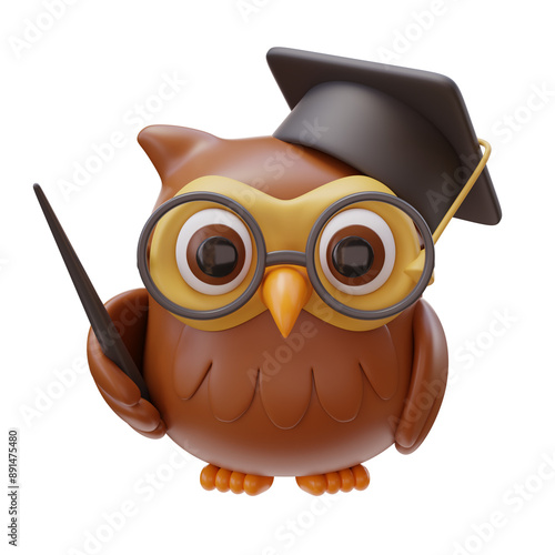 3D Education Concept Icon. Owl character in glasses and Mortarboard. Clever Bird Icon, education design, symbol of wisdom. Back to school. 3d render illustration