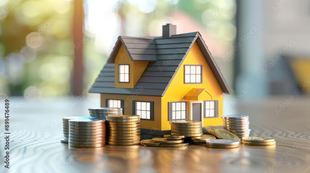 Toy House with Stacked Coins on Wooden Table Toy House with Stacked Coins on Wooden Table