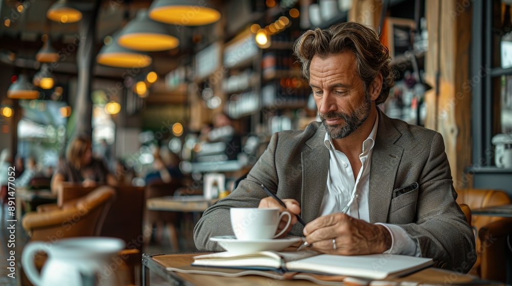 Businessman seated in a modern cafe, writing in a journal and sipping an espresso, surrounded by the stylish and contemporary interior of the coffee shop realistic photo, high resolution , Minimalism, Businessman seated in a modern cafe, writing in a journal and sipping an espresso, surrounded by the stylish and contemporary interior of the coffee shop realistic photo, high resolution , Minimalism,