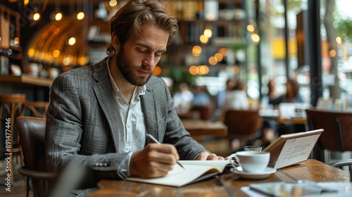 Businessman sitting in a modern cafÃ©, jotting down ideas in a notebook and sipping an espresso, immersed in his work realistic photo, high resolution , Minimalism,