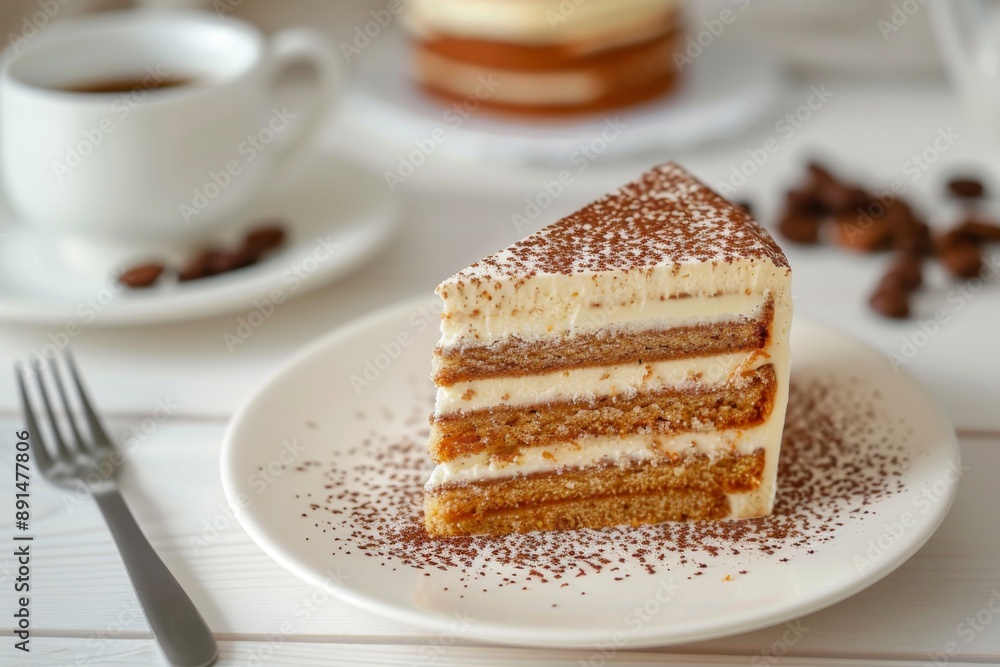 slice coffee cake on white plate, white wood background slice coffee cake on white plate, white wood background