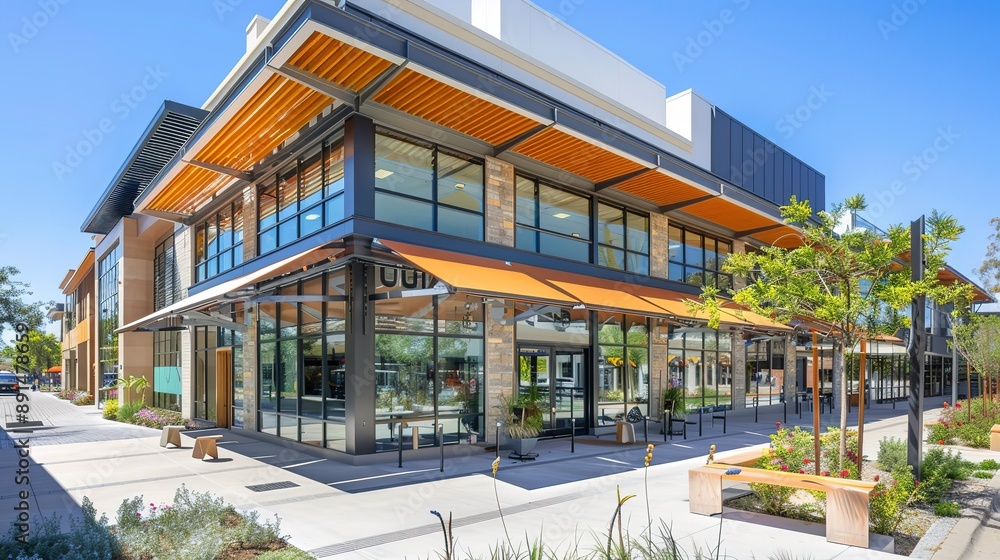 Obraz premium A modern, versatile space for sale or lease in a diverse building featuring both retail and office options, complete with an awning.