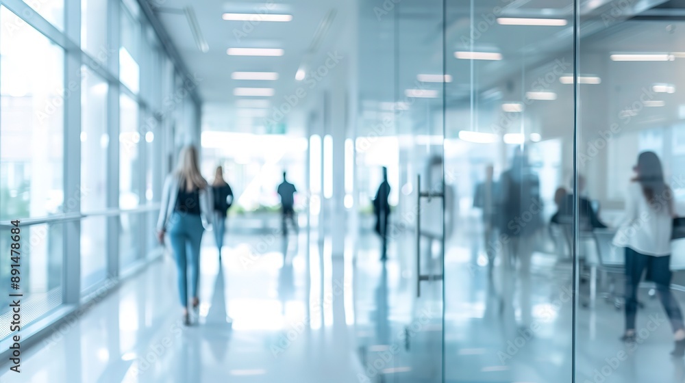White, light gray and sky blue business office with blurred people casual wear White, light gray and sky blue business office with blurred people casual wear
