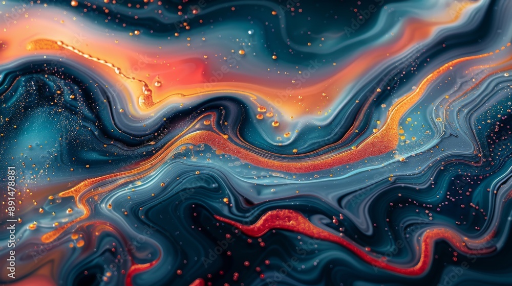 Obraz premium Hyper-realistic fluid art background, swirling colors blending seamlessly, vibrant blues, reds, and golds creating intricate patterns, macro detail capturing the texture and depth