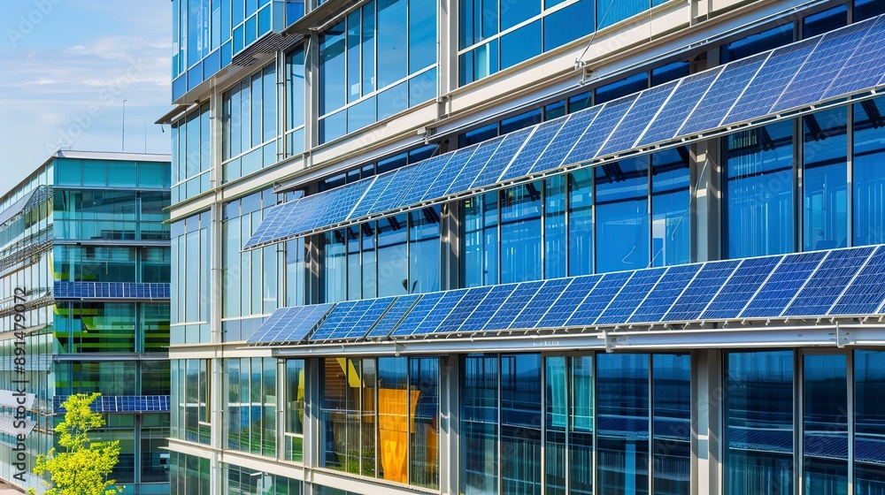 A modern office building with integrated solar panels A modern office building with integrated solar panels
