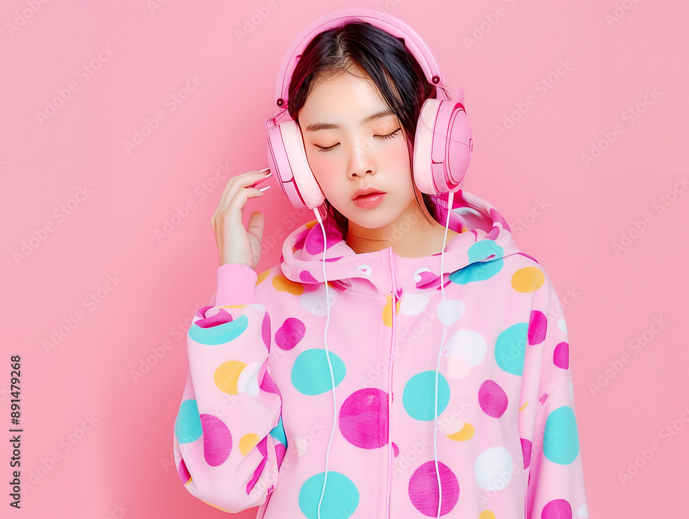 young Asian girl wearing a fashion jacket and music headphones with colorful theme young Asian girl wearing a fashion jacket and music headphones with colorful theme