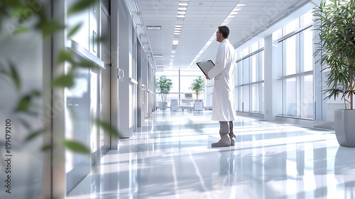 Doctor in a white lab coat, holding a clipboard, standing in a bright and clean hospital corridor, modern facility