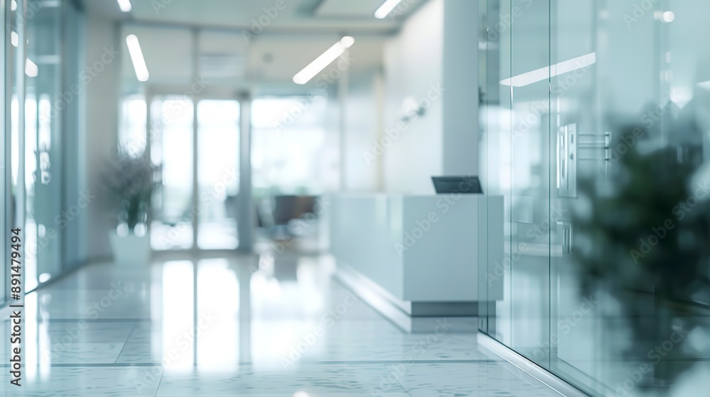 blurred background of a modern office lobby or building entrance, showcasing a white-themed interior, glass walls, and a reception area blurred background of a modern office lobby or building entrance, showcasing a white-themed interior, glass walls, and a reception area