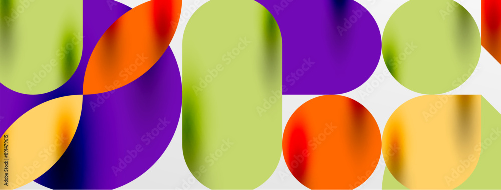 Mosaic geometric elements. Colorful circles, round geometric shapes and lines with shadow 3d effects. Simple forms abstract background for wallpaper, banner, template or landing Mosaic geometric elements. Colorful circles, round geometric shapes and lines with shadow 3d effects. Simple forms abstract background for wallpaper, banner, template or landing