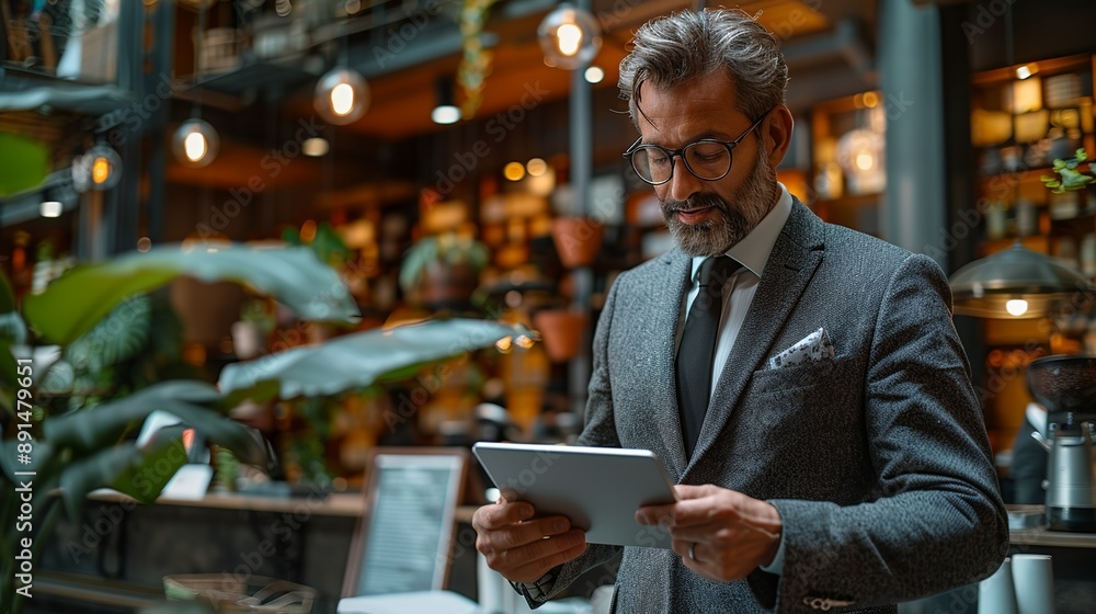 Professional businessman in a sleek coffee shop, holding a tablet and discussing business ideas with a colleague over coffee, with the city's energy as a backdrop realistic photo, high resolution , Professional businessman in a sleek coffee shop, holding a tablet and discussing business ideas with a colleague over coffee, with the city's energy as a backdrop realistic photo, high resolution ,
