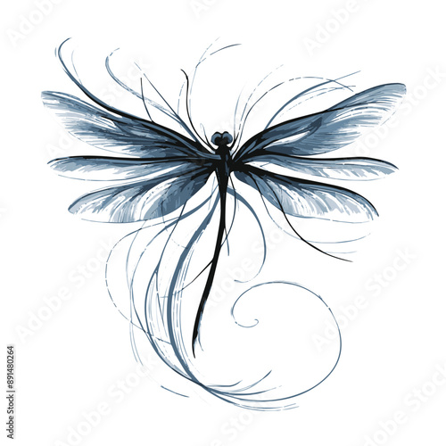 Blue dragonfly in watercolor, wings outstretched, on transparent background with swirling lines
