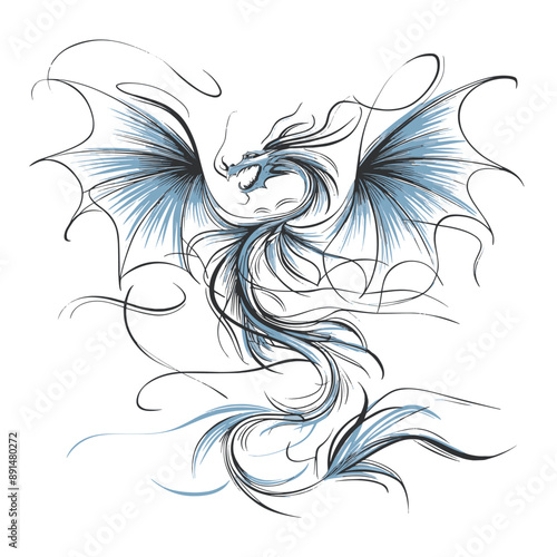 A detailed line drawing of a dragon with outstretched wings soaring through the air