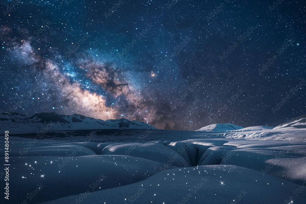 Naklejka premium Generative AI illustration of Vatnajökull Glacier covered in snow under a sky filled with countless sparkling stars and the Milky Way, capturing the majestic landscape and celestial beauty