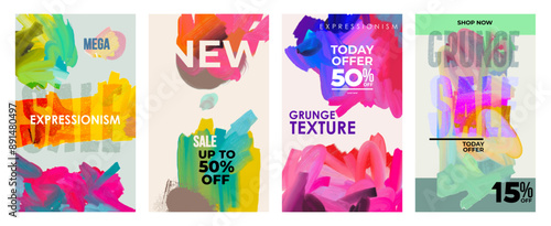 Art posters header template set. Collage Hand drawn scribbles, marker, canyon strokes, colorful geometric shapes, ink drawn splashes. Bright colored vector brush stroke cover template background.