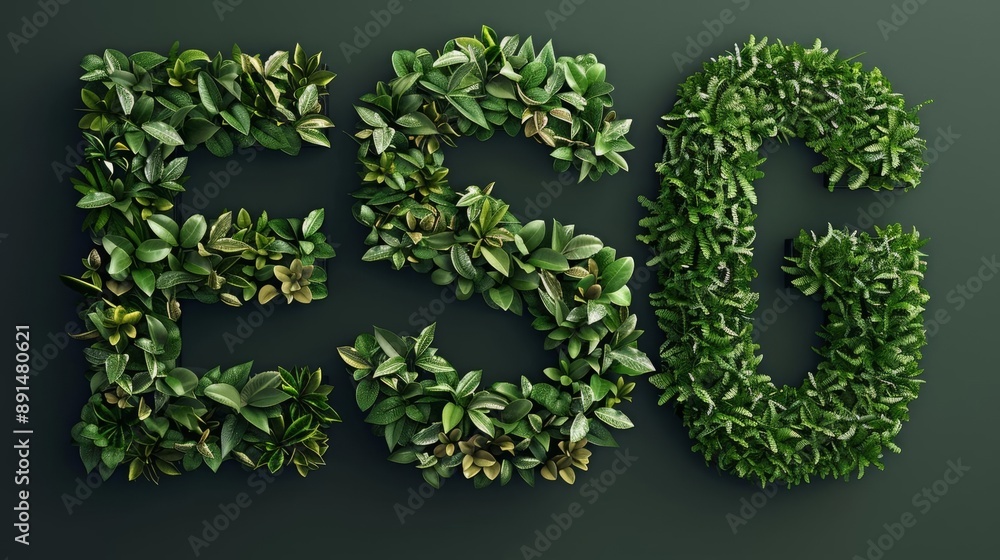 3D 'ESG' letters constructed from lush foliage, highlighting the principles of sustainability and corporate governance 3D 'ESG' letters constructed from lush foliage, highlighting the principles of sustainability and corporate governance